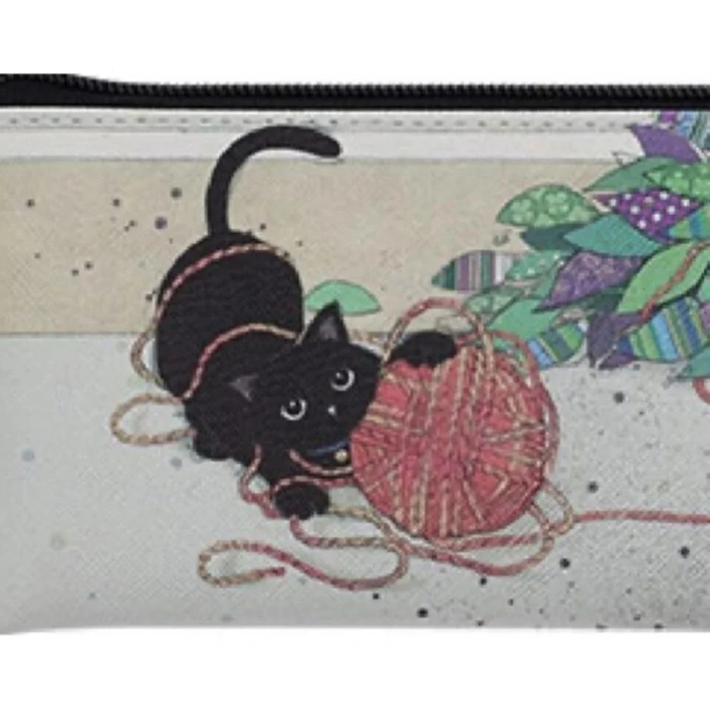 Black Cat Kitten Playing with‎ Yarn Novelty Cosmetic Bag Small Zipper Pouch